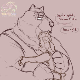 anthro arm_tuft bottomwear clothed clothing curly_hair dialogue duo eye_scar eyebrows eyes_closed facial_scar fangs fingers fur hair hooved_fingers hooves horn hug larger_male male male/male neck_tuft overweight overweight_male scar shirt simple_background size_difference smaller_male smile speech_bubble tail tank_top teeth text thick_eyebrows topwear tuft underbite tribdinosaur goat_(movie) grizz_(goat) will_harris bear bovid brown_bear caprine goat grizzly_bear mammal ursine 1:1 digital_media_(artwork) english_text hi_res