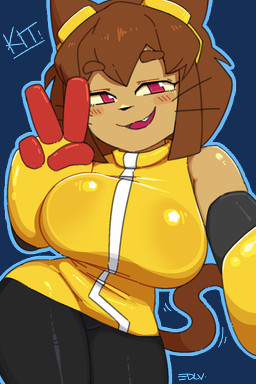 anthro big_breasts blush breasts brown_body brown_hair clothed clothing eyewear eyewear_on_head female goggles goggles_on_head hair looking_at_viewer open_mouth open_smile simple_background smile smiling_at_viewer solo transparent_background whiskers edalv gameoverse glitch_productions kit_bodega domestic_cat felid feline felis mammal 2026 2:3 alpha_channel hi_res