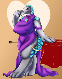 anthro big_breasts big_butt big_hands blue_body blue_eyes breasts butt clothed clothing collar female gem gold_(metal) gold_jewelry grey_body jewelry nipple_outline simple_background slightly_chubby slightly_chubby_female solo thick_thighs zortrex mythology dragon mythological_creature mythological_scalie scalie absurd_res hi_res