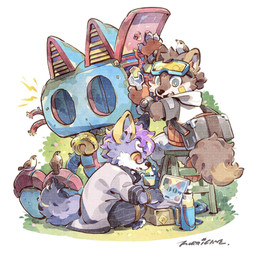 bell bottomwear box brown_body brown_fur clothing computer container cup electronics eyewear eyewear_on_head fingerless_gloves fur glasses gloves goggles goggles_on_head grass group handwear holding_container holding_cup holding_mug holding_object holding_tool holding_wrench ladder laptop machine mug open_mouth pants plant purple_body sitting tail tools wrench animalk avian bird canid mammal robot 1:1 2025 digital_media_(artwork) hi_res
