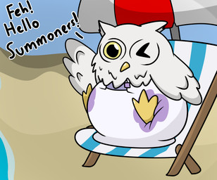 beach chair clean_diaper clothed clothing dialogue diaper feh_(fire_emblem) female feral furniture looking_at_viewer one_eye_closed sand sitting solo umbrella water wearing_diaper wink merrit_(artist) feh avian bird owl hi_res