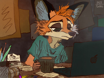 anthro beverage clothed clothing coffee computer desk ears_up electronics female furniture shirt solo t-shirt table tired topwear tailesart apple_inc. apple_macintosh macbook canid canine fox mammal hi_res