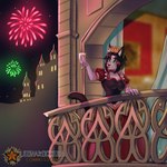 anthro castle clothed clothing container crown cup dress female fireworks hair handwear headgear night outside queen royalty solo leonarockera moira_(casitoarroyo) domestic_cat felid feline felis mammal 1:1 absurd_res digital_media_(artwork) hi_res watermark