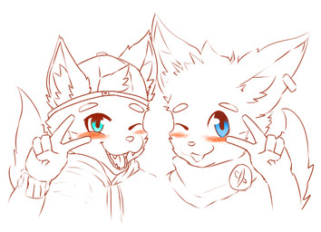 anthro blue_eyes clothed clothing duo ear_piercing ear_ring fangs front_view gesture glistening glistening_eyes hand_gesture head_tuft inner_ear_fluff jacket male one_eye_closed open_mouth open_smile piercing ring_piercing scarf simple_background smile teeth tongue topwear tuft unsigned v_sign papayafurry canid mammal hi_res partially_colored