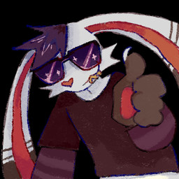 anthro brown_ear_tips brown_hands clothed clothed_male clothing dipstick_ears ear_markings fur gesture hair hand_gesture male markings multicolored_ears purple_hair red_clothing red_shirt red_topwear shirt smile solo teeth telegram_sticker thumbs_up topwear white_body white_fur guncht lagomorph leporid mammal rabbit 1:1 half-length_portrait portrait