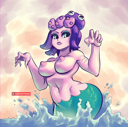 areola big_breasts breasts female green_body green_eyes green_scales hair lips looking_at_viewer makeup navel nipples nude outside pink_body pink_skin pose purple_hair scales scar sea smile solo split_form tentacles toony water wide_hips supersatanson cuphead_(game) cala_maria aquatic cephalopod coleoid humanoid merfolk mollusk octopodiform 2017