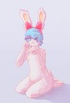 anthro blue_hair fake_ears fake_rabbit_ears female fur hair looking_at_viewer one_eye_closed rabbit_ears short_hair sitting sitting_on_ground solo white_body white_fur wink winking_at_viewer twomornings kyt_(twomornings) lagomorph leporid mammal rabbit hi_res