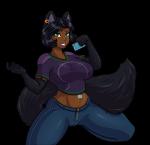 arm_fur big_breasts black_body black_fur black_hair blush bottomwear breasts camel_toe clothed clothing dark_body dark_skin denim denim_bottomwear denim_clothing female fur green_eyes hair jeans leg_fur makeup pants piercing adjatha trials_in_tainted_space erra_(tits) animal_humanoid ausar canid canid_humanoid canine canine_humanoid humanoid mammal mammal_humanoid alpha_channel hi_res