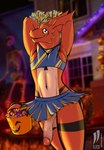 anthro big_penis bottomwear candy cheerleader cheerleader_outfit circumcised clothed clothing crossdressing dessert erection femboy food genitals holidays male midriff outside penis pom_poms public skirt solo trick-or-treating iudicium86 bandai_namco digimon halloween digimon_(species) guilmon scalie hi_res