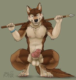 accessory animal_genitalia animal_penis anthro balls bedroom_eyes biped black_outline bracelet brown_body brown_fur canine_genitalia canine_penis claws crouching ears_up erection front_view fur genitals holding_object holding_weapon jewelry knot knotted_penis looking_at_viewer male markings melee_weapon narrowed_eyes necklace nipples nude nude_anthro nude_male orange_body orange_fur outline paws penis piercing polearm rope seductive sheath smile smiling_at_viewer solo spear tail tuft weapon white_body white_fur yoke_pose rhox trisu_of_cherokee canid canine mammal digital_media_(artwork) full-length_portrait hi_res portrait shaded