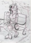 anthro bench black_mouth bottomwear chips_(food) clothing cloud crossed_legs crystal eating female food fur gem grass hair holding_food holding_object jewelry leaf leaves_blowing looking_away mane markings necklace park park_bench plant sitting skirt sleeveless_shirt sleeveless_sweater smile solo striped_body striped_fur striped_hair striped_markings striped_tail stripes tail tail_markings tail_tuft tree tuft orlandofox izzabelle_frost equid equine mammal zebra 2023 hi_res sketch traditional_media_(artwork)