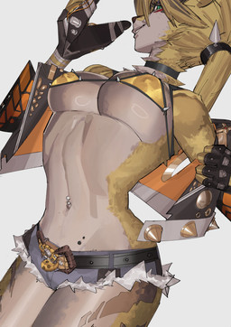 arched_back bandage bangs belly belt belt_buckle bikini bikini_top bottomwear bra breasts brown_nose buckle choker clothing cropped_jacket denim denim_bottomwear denim_clothing denim_shorts erect_nipples female fingerless_gloves fur glistening glistening_body glistening_breasts glistening_thighs gloves green_eyes hair handwear head_turned hotpants jacket jewelry leather leather_clothing leather_gloves leather_handwear leather_jacket leather_topwear legs_together looking_at_viewer low-angle_view markings mask midriff mole_(marking) navel navel_piercing necklace nipple_outline nipples piercing ponytail shorts side_eye smile smirk smug solo spikes standing stripes swimwear teal_eyes thick_thighs topwear translucent translucent_bikini translucent_clothing translucent_swimwear tuft two-piece_swimsuit underwear undressing white_belly yellow_body bearberaks mihoyo zenless_zone_zero pulchra_fellini animal_humanoid felid felid_humanoid feline humanoid mammal mammal_humanoid thiren half-length_portrait hi_res portrait