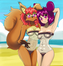 abs anthro beach breasts brown_body clothing duo female female/female hair hug hugging_another hugging_from_behind looking_at_viewer muscular muscular_female one-piece_swimsuit pouch_(anatomy) purple_eyes purple_hair red_hair seaside shy smile swimwear translucent translucent_clothing translucent_swimwear under_boob wear miyuka gris_swimsuit meme_clothing prostokvashino tama-tama animal_humanoid canid canine eurasian_red_squirrel humanoid hybrid kangaroo macropod mammal mammal_humanoid marsupial mouse mouse_humanoid murid murid_humanoid murine murine_humanoid rodent rodent_humanoid sciurid tree_squirrel hi_res meme