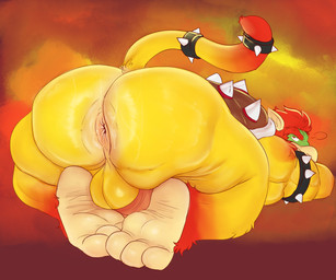 3_toes anthro anus balls barazoku big_butt biped bubble_butt butt butt_focus feet fur genitals hair huge_butt king looking_at_viewer looking_back male muscular muscular_anthro muscular_male nude pink_anus presenting presenting_anus presenting_hindquarters puffy_anus red_hair royalty shell soles solo spikes thick_thighs toes flufflecraft mario_bros nintendo bowser haplorhine hybrid koopa mammal monkey primate scalie hi_res