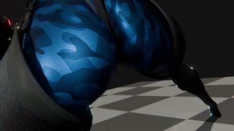 ass_clapping big_breasts big_butt black_body blue_body blue_eyes bouncing_breasts bouncing_butt breasts butt camo_body checkered checkered_floor clothing curvy_figure dynamic_angle featureless_breasts featureless_crotch female glowing glowing_eyes leotard looking_at_viewer machine metallic_body metallic_hair multiple_angles not_furry pseudo_hair slim small_waist solo white_body wide_hips ceno0 third-party_edit calicoalms_(editor) humanoid robot robot_humanoid 16:9 2026 3d_(artwork) 3d_animation animated blender_(artwork) digital_media_(artwork) short_playtime sound sound_edit webm widescreen
