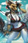 2016 accipitrid accipitriform anthro apple_inc. asian_mythology avian beak bird blush bottomwear bra breasts claws clothing digital_media_(artwork) dragon east_asian_mythology eastern_dragon egyptian_vulture electronics eva_(ozawk) eyes_closed feathered_dragon feathered_scalie feathered_wings feathers female fivel headphones hi_res horn hybrid ipod midriff mythological_creature mythological_scalie mythology navel non-mammal_breasts old_world_vulture open_mouth portable_music_player scalie sharp_teeth shorts solo tail teeth toothed_beak underwear vulture whiskers wings
