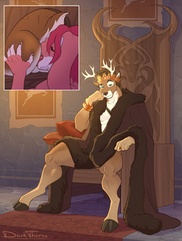 5_fingers anal anthro antlers anus butt butt_grab chair clothing crown digit_ring duo eyes_closed finger_ring fingers fur furniture genitals hair hand_on_butt headgear headwear hooves horn jewelry licking looking_at_viewer male male/male male_rimmed male_rimming male_rimming_male open_mouth oral rimming rimming_male ring robe robe_only sex sitting smile spread_legs spreading stealth_sex tail throne tongue tongue_out darkthorns reka_deerson deer lagomorph leporid mammal rabbit digital_media_(artwork) hi_res