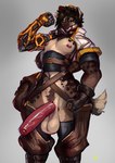 anthro bag balls belt biceps big_balls big_penis biped black_clothing black_gloves black_handwear black_inner_ear black_legwear black_nose black_thigh_highs bottomwear brown_body brown_clothing brown_footwear brown_fur brown_hair brown_spots clothed clothing countershade_fur countershade_legs countershade_torso countershading crotchless_bottomwear crotchless_clothing crotchless_pants cybernetic_arm cybernetic_limb erection eyelashes facial_markings flexing footwear foreskin front_view fur genitals glistening glistening_genitalia glistening_penis gloves green_eyes grey_background grin hair handwear hat head_markings headgear headwear humanoid_genitalia humanoid_penis jacket legwear looking_at_viewer male male_anthro markings mechanic monotone_hair multicolored_body multicolored_fur muscular muscular_anthro muscular_male muzzle_(marking) narrowed_eyes nipples open_clothing open_jacket open_topwear pants partially_clothed partially_retracted_foreskin penis pink_nipples pose pupils red_penis short_hair simple_background skimpy smile solo spots spotted_body spotted_fur standing tail tan_balls tan_body tan_countershading tan_ears tan_fur tan_tail thick_thighs thigh_highs topwear white_clothing white_jacket white_topwear zerolativity hyena mammal spotted_hyena 2024 absurd_res colored digital_media_(artwork) digital_painting_(artwork) hi_res painting_(artwork) portrait shaded three-quarter_portrait
