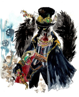 alternative_fashion anthro biped black_body black_fur clock clothed clothing eyewear fully_clothed fur gloves handwear hat headgear headwear male simple_background solo standing steampunk tail top_hat topwear watch white_background white_body white_fur yellow_eyes kyokyota lemur mammal primate strepsirrhine 2016 painting_(artwork) traditional_media_(artwork)
