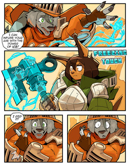 anthro armor axe breastplate brown_body brown_fur duo elemental_manipulation female fur ice_manipulation magic magic_user melee_weapon pauldron smile snap text weapon white_body white_fur ceehaz dog_knight_rpg orinette_(ceehaz) rory_(ceehaz) borzoi canid canine canis dobermann domestic_dog hunting_dog mammal pinscher sighthound 2021 absurd_res comic english_text hi_res