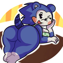anthro apron beady_eyes big_breasts big_butt black_eyes blue_body blue_fur breasts butt clothing female fur looking_at_viewer lying on_front one_eye_closed open_mouth open_smile pattern_background rear_view resting_arm rosy_cheeks shortstack simple_background smile solo white_background white_body white_fur wink lewdewott animal_crossing nintendo mabel_able eulipotyphlan hedgehog mammal 1:1 hi_res