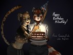 anthro belt big_tail birthday birthday_cake blue_eyes bottomwear brown_body brown_fur bulge cake candle candy cheek_tuft chocolate choker claws clothing crop_top dessert dim_lighting duo eyes_closed eyewear facial_tuft female fire food fur glasses grey_bottomwear grey_clothing grey_pants hair happy hat headgear headwear jewelry long_tail male markings multicolored_tail necklace pants party_hat plate ponytail red_body red_fur scar shirt smile spots spotted_body spotted_fur spotted_markings spotted_tail striped_markings striped_tail stripes surprised_expression tail tail_markings text topwear tuft white_body white_clothing white_fur white_hair white_shirt white_topwear gummyfishowo mitya_(mitrotsky) ailurid cheetah felid feline mammal red_panda 2023 english_text shaded