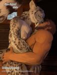 2016 anthro black_body black_fur breasts brown_hair duo english_text eyes_closed fangs felid female fur grey_body grey_fur hair hand_on_butt hattonslayden hi_res human human_on_anthro inside interspecies kissing leopard male male/female mammal nipples nude pantherine raised_tail snow_leopard spots tail teeth text