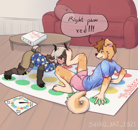 aloha_shirt anthro blush blushing_profusely bottomwear brown_body brown_fur brown_wool clothing coffee_table duo feet foot_fetish foot_on_face fur furniture hoof_hands hooves male male/male pants party_game party_game_mat pattern_clothing pattern_shirt pattern_topwear pawpads pink_bottomwear pink_clothing pink_pants pink_pawpads shirt sofa speech_bubble table text topwear white_body white_fur white_wool wool_(fur) yellow_body yellow_fur shiro_art_1321 twister hydro_(hydro19) bird_dog bovid canid canine canis caprine domestic_dog domestic_sheep golden_retriever hunting_dog jacob_sheep mammal retriever sheep digital_media_(artwork) english_text hi_res