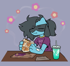ambiguous_gender anthro beverage black_hair blue_body blue_fur clothing container cup disposable_cup eating eating_food eyes_closed fluffy fluffy_hair fur grey_background hair purple_clothing purple_shirt purple_topwear shirt simple_background soda solo t-shirt text text_on_clothing text_on_shirt text_on_topwear topwear somesacredbird baja_blast mountain_dew nintendo pokemon taco_bell fan_character riolu_(somesacredbird) generation_4_pokemon pokemon_(species) riolu