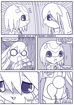:o anthro blush bodily_fluids border butt dialogue duo facial_markings female female_anthro forehead_markings head_markings huge_ears inner_ear_fluff kemono machine male male_anthro markings nervous nervous_sweat o_o open_mouth scared scut_tail short_tail speech_bubble surprised sweat tail talking_to_another text tuft white_border cyyeun xen_(series) fio_(xen) switch_(xen) lagomorph leporid mammal rabbit robot robot_anthro 2007 blue_and_white blue_monochrome comic dated english_text monochrome