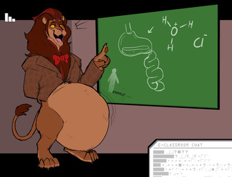 accessory ambiguous_gender anthro anthro_pred belly big_belly bloated bow_(feature) bow_accessory bow_ribbon bow_tie brown_body brown_fur chalkboard chat_box classroom claws clothed clothing fangs fully_inside fur guts hair hair_accessory hair_bow hair_ribbon human_prey inside internal intestines male male_pred mane math open_mouth oral_vore organs partially_clothed pawpads paws ribbons school semi-anthro size_difference smaller_human smile solo standing stomach tail teacher teacher_pred teeth topwear vore yellow_eyes lunarcoilzone felid feline felis human lion mammal pantherine digital_media_(artwork) hi_res source_request