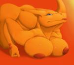 2019 anthro big_breasts blue_eyes breasts charizard dragon female generation_1_pokemon hamili looking_at_viewer mythological_creature mythological_scalie mythology nintendo nipples non-mammal_breasts nude orange_body orange_skin pokemon pokemon_(species) pokemorph pose scalie simple_background smile solo tail tongue