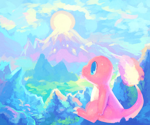 ambiguous_gender blue_eyes cloud day detailed_background feral fire flaming_tail happy mountain nature orange_body orange_skin outside sitting sky smile solo sun tail ジンジャーエール nintendo pokemon charmander generation_1_pokemon pokemon_(species) reptile scalie 6:5 absurd_res hi_res