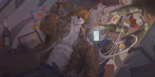 anthro black_nose bottle brown_body brown_clothing brown_coat brown_fur brown_topwear cheek_tuft chips_(food) clothed clothing coat container electronics facial_tuft food front_view fur hair inside lying male male_anthro narrowed_eyes navel on_back open_clothing open_coat open_mouth open_topwear orange_hair phone solo tin_can topwear tuft white_body white_fur awaldkize canid canine mammal absurd_res hi_res