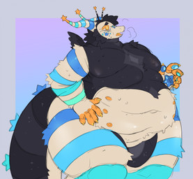 anthro belly belly_nipples big_belly big_butt big_tail black_body black_fur blue_markings butt deep_navel fur hand_on_hip horn humanoid_hands male markings moobs multi_nipple multicolored_body multicolored_fur multicolored_pawpads navel nipples obese obese_anthro obese_male orange_nipples overweight overweight_anthro overweight_male pawpads solo tail thick_thighs stardustkitchen mythology beemim_(stardustkitchen) dragon mythological_creature mythological_scalie scalie digital_drawing_(artwork) digital_media_(artwork) english_description hi_res trans_(lore) trans_man_(lore)