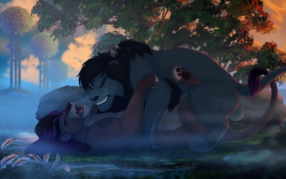 bamboo bamboo_tree brown_body brown_fur claws clenched_teeth cloud female feral fog fur grass grey_body grey_fur grey_mane grey_nose hair hill male male/female mane mismatched_sexual_dimorphism open_mouth passionate pawpads plant pond purple_hair rough_sex sex sky starry_fur sunset swamp teeth tree conditional_dnp lynxbrush kamaria_(rallan) tarek_(rallan) felid lion mammal pantherine 16:10 absurd_res hi_res widescreen