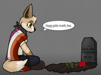 bodily_fluids cape clothing crossed_legs eyebrows eyelashes female flower grave grey_background hair head_tuft kerchief lesbian_pride_colors lgbt_pride plant pride_color_cape pride_color_clothing pride_colors rose_(flower) simple_background sitting solo tears tombstone tuft darli_buni canid canine fennec_fox fox mammal true_fox