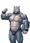 abs anthro areola biceps black_wristband blue_body blue_fur clothed clothing countershade_torso countershading deltoids eye_scar facial_scar flexing flexing_bicep forehead_scar fur gloves_(marking) looking_at_viewer male markings nipples pecs scar smile solo speedo speedo_only swimwear topless vein veiny_muscles white_body white_fur wristband yellow_eyes husky_(artist) koreanhusky soonsky_ksk canid canine canis domestic_dog husky mammal nordic_sled_dog spitz absurd_res hi_res