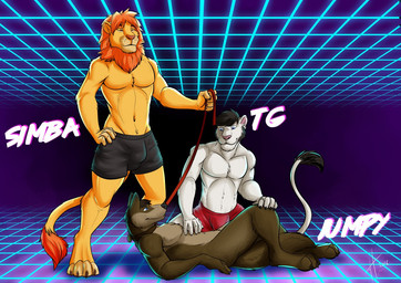 anthro anthro_on_anthro black_bottomwear black_clothing black_hair blue_eyes bottomwear brown_body brown_collar brown_fur bulge clothed clothing collar front_view fur group hair hand_on_hip holding_leash holding_object kneeling leash lying male male/male mane messy_hair mouth_closed navel on_back orange_hair orange_mane red_bottomwear red_clothing red_eyes short_hair side_view standing tail tail_tuft topless trio tuft white_body white_fur yellow_body yellow_fur yellow_sclera hufnaar canid canine felid lion mammal pantherine 2016 dated signature