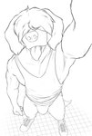 anthro athletic athletic_anthro athletic_male blep bodily_fluids bottomwear bulge clothing footwear furgonomics hair hair_over_eye hair_over_eyes jockstrap male muscular muscular_male one_eye_obstructed raised_arm selfie shirt shoes simple_background smile solo standing sweat sweatdrop tank_top tongue tongue_out topwear underwear neverwolf beastars collot_(beastars) canid canine canis domestic_dog herding_dog mammal old_english_sheepdog pastoral_dog sheepdog hi_res monochrome