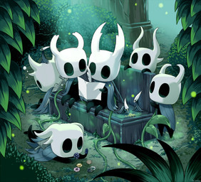 2_horns ambiguous_gender bench biped black_body cloak clothing group holding_map holding_object holding_quill hollow_eyes horn leaf loose_feather lying map on_bench on_front on_ground outside plant quill sitting sitting_on_bench standing vines arizuka00 hollow_knight_(franchise) team_cherry the_knight_(hollow_knight) arthropod maskfly vessel_(species) 2019 hi_res