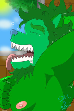 anthro blue_nose fangs fur green_body green_fur green_mane hair hands_behind_head male mane messy_hair nipples nude open_mouth sky solo teeth tongue tongue_out waking_up window soul_d_raws souldi felid feline ghost lion mammal pantherine spirit 2026 digital_drawing_(artwork) digital_media_(artwork) hi_res