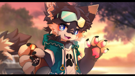 4_fingers anthro big_eyes black_bars black_body black_fur blue_eyes clothing cute_fangs eyewear eyewear_on_head fangs fingers fur goggles goggles_on_head green_clothing green_jacket green_topwear jacket kemono male shirt slim_anthro slim_male solo standing teeth topwear white_body white_clothing white_fur white_shirt white_topwear hlg7777 canid canine fox mammal 2023 letterbox