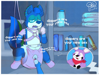 ambiguous_gender anthro baby_bouncer baby_powder black_body black_fur black_nose black_tail blue_hair book bookshelf booties border clothed clothing collar container cutaway detailed_background dialogue diaper diaper_bulge diaper_fetish diaper_masturbation duo erection erection_in_diaper expression_cutaway facial_markings feces folded_diaper footwear fur furniture gloves gloves_(marking) green_body green_fur green_tail hair half-closed_eyes handwear harness head_markings humiliation hypnosis inside kerchief logo male markings mind_control mostly_offscreen_character multicolored_body multicolored_fur multicolored_tail narrowed_eyes neckerchief neckwear open_mouth pink_clothing pink_collar pink_footwear pink_gloves pink_handwear pink_harness purple_body purple_fur red_kerchief red_neckerchief ringed_eyes sex_toy sharp_teeth snaggle_tooth soiled_diaper soiling tail teeth text unclean_diaper used_diaper vibrator wand_vibrator wearing_diaper white_border white_diaper blushypanda indigo_park noku_(piddlepuppyboii) rambley_raccoon canid canine canis domestic_dog mammal procyonid raccoon 2025 4:3 absurd_res artist_logo english_text hi_res