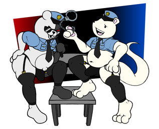 bulge clothing duo eyewear feet legwear male police police_hat police_uniform sunglasses uniform demoniccat1 danganronpa spike_chunsoft monokuma principal_nezu hi_res