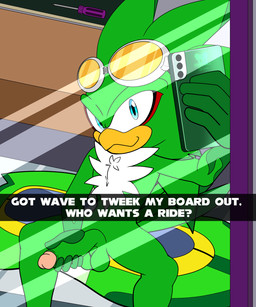 anthro arm_markings asking asking_viewer balls beak blue_eyes cellphone chest_tuft electronics erection eyeliner eyewear eyewear_on_head feathers flame_markings foreskin garage genitals glans goggles goggles_on_head green_balls green_body green_feathers green_markings green_penis hand_on_penis holding_cellphone holding_object holding_penis holding_phone hoverboard humanoid_genitalia humanoid_penis looking_at_cellphone looking_at_object looking_at_phone makeup male markings mirror mirror_selfie mohawk nude penis phone question question_mark retracted_foreskin screwdriver selfie sitting smartphone smile smirk solo spread_legs spreading tail tail_feathers tan_glans text tools tuft white_body white_feathers nezuruiart sega sonic_riders sonic_the_hedgehog_(series) jet_the_hawk accipitrid accipitriform avian bird 5:6 english_text hi_res