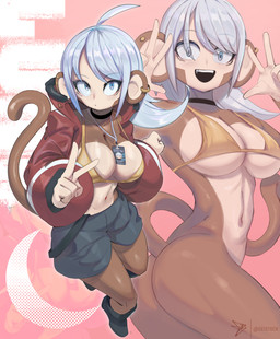 anthro badge big_breasts bikini bikini_top bikini_top_only biped blue_eyes bottomless bottomless_female bottomwear breasts brown_body brown_fur bubble_butt butt cleavage clothed clothing ear_piercing ear_ring eyelashes female front_view fur gesture hair hand_gesture jacket lanyard lanyard_between_breasts navel open_mouth piercing prehensile_tail ring_piercing shorts side_boob smile smiling_at_viewer solo swimwear tail tan_body tan_skin topwear topwear_only triangle_bikini two-piece_swimsuit under_boob v_sign white_hair geistbox luna_(geistbox) haplorhine mammal monkey primate absurd_res hi_res