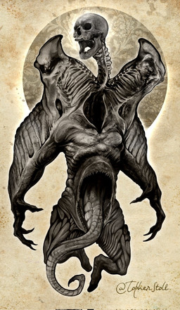 4_fingers ambiguous_gender anthro belly_mouth biped bone claws finger_claws fingers front_view long_tongue looking_aside open_mouth pose simple_background skull solo tan_background tapering_tongue teeth tongue twitter_handle christopher_stoll monster 2023 digital_drawing_(artwork) digital_media_(artwork) full-length_portrait hi_res monochrome portrait sepia