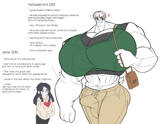 anthro balls big_balls big_breasts big_bulge big_muscles big_pecs breasts bulge couples duo female fur genitals huge_muscles huge_pecs hyper hyper_muscles hyper_pecs jena_s. male male/female moobs muscular muscular_arms muscular_male muscular_thighs pecs size_difference text white_body white_fur yellowbird_h. y0ungfur avian bird human mammal 4:3 absurd_res english_text hi_res