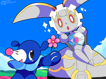 ambiguous_gender black_eyes blue_body blush cloud duo feral flower giving_flower grass grey_body machine markings open_mouth plant red_eyes sky sparkles tongue whisker_markings sleepy_sealion nintendo pokemon generation_7_pokemon humanoid legendary_pokemon magearna pokemon_(species) popplio robot 2026 4:3 absurd_res dated hi_res signature